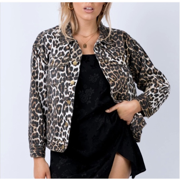 Princess Polly Jackets & Blazers - PRINCESS POLLY Brown Black Leopard Animal Print Denim Jacket Sz 6